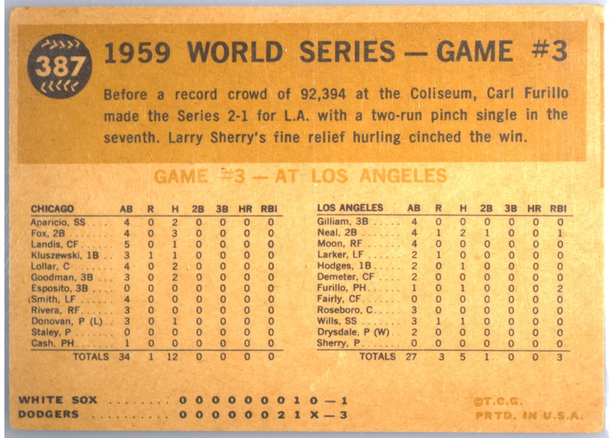 1960 Topps #387 1959 World Series Game #3 - Furillo Breaks up Game card back