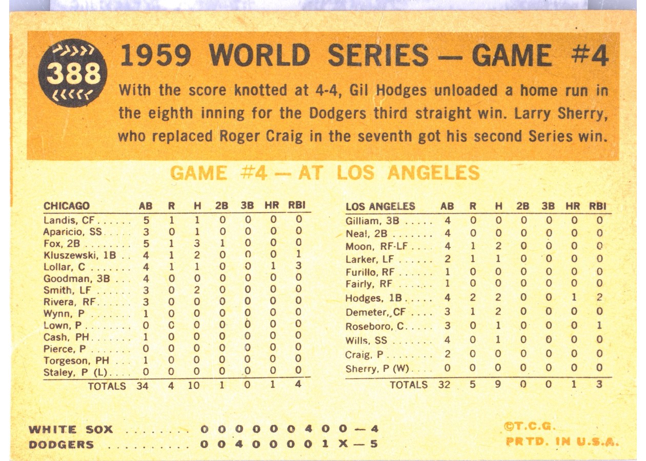 1960 Topps #388 1959 World Series Game #4 - Hodges' Winning Homer card back