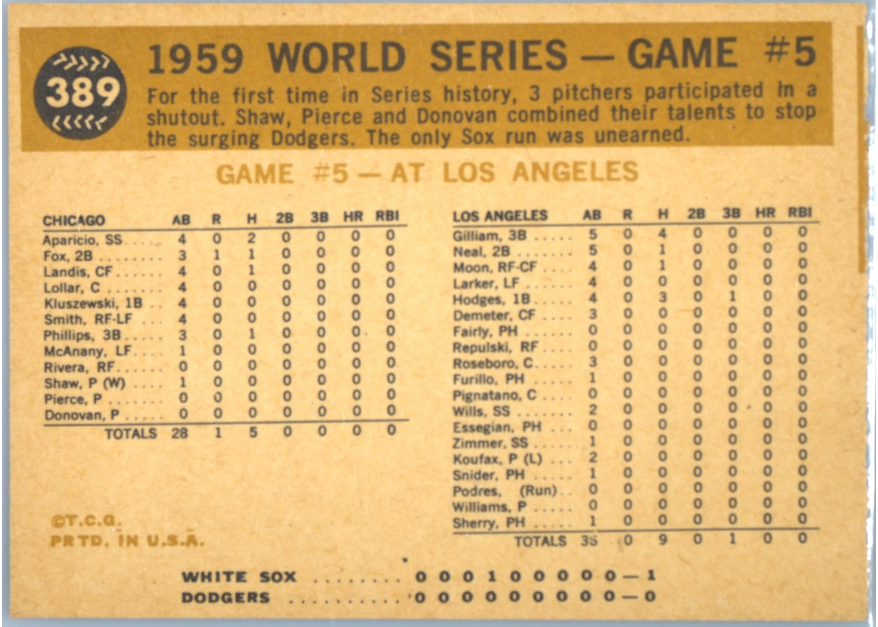 1960 Topps #389 1959 World Series Game #5 - Luis Swipes Base card back