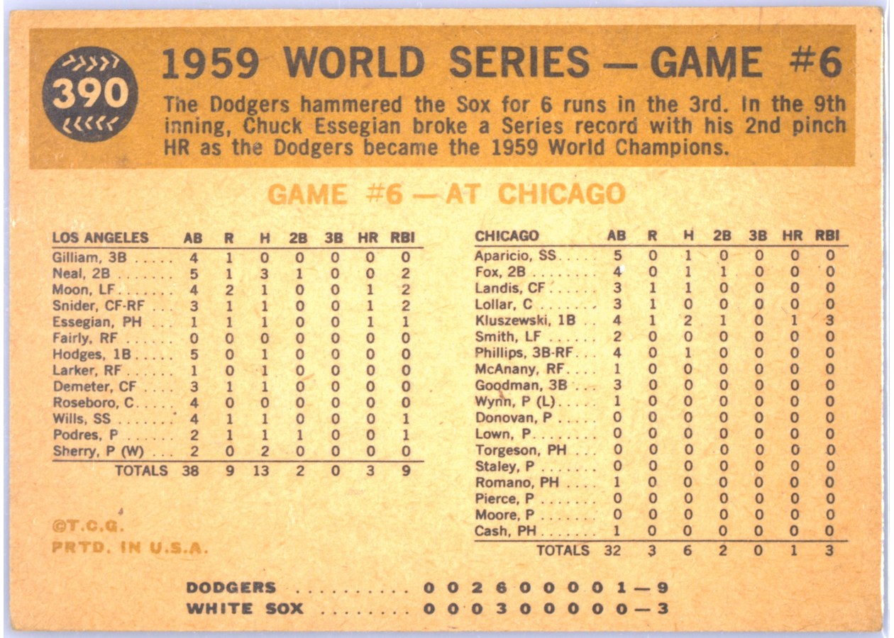 1960 Topps #390 1959 World Series Game #6 - Scrambling After Ball card back
