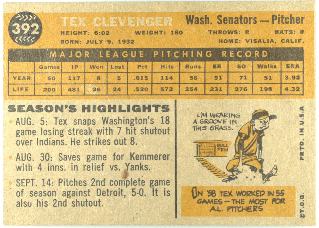 1960 Topps #392 Tex Clevenger card back