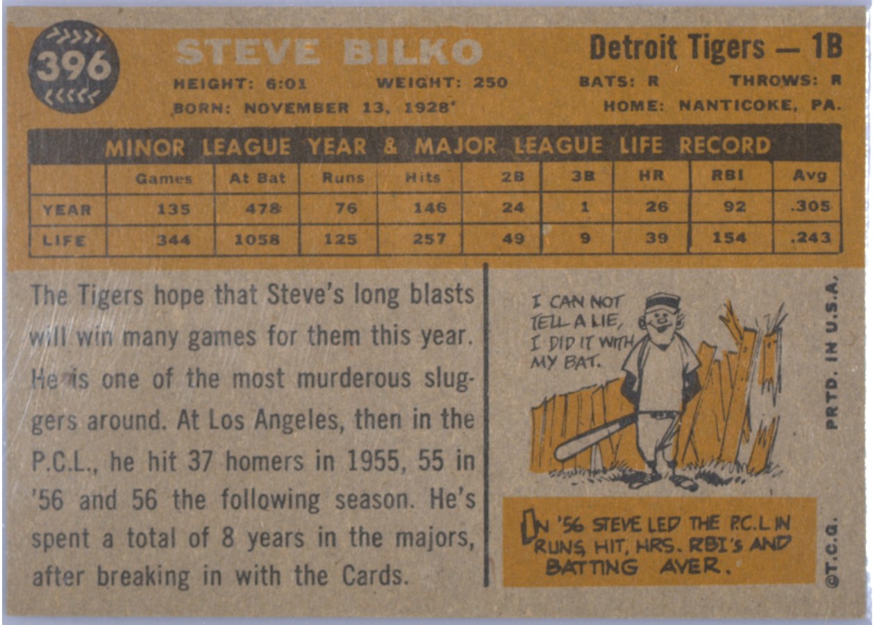 1960 Topps #396 Steve Bilko card back
