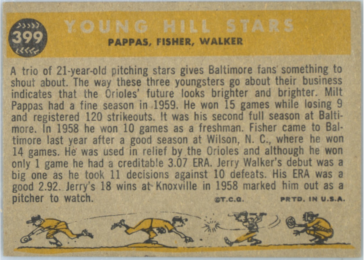 1960 Topps #399 Young Hill Stars card back
