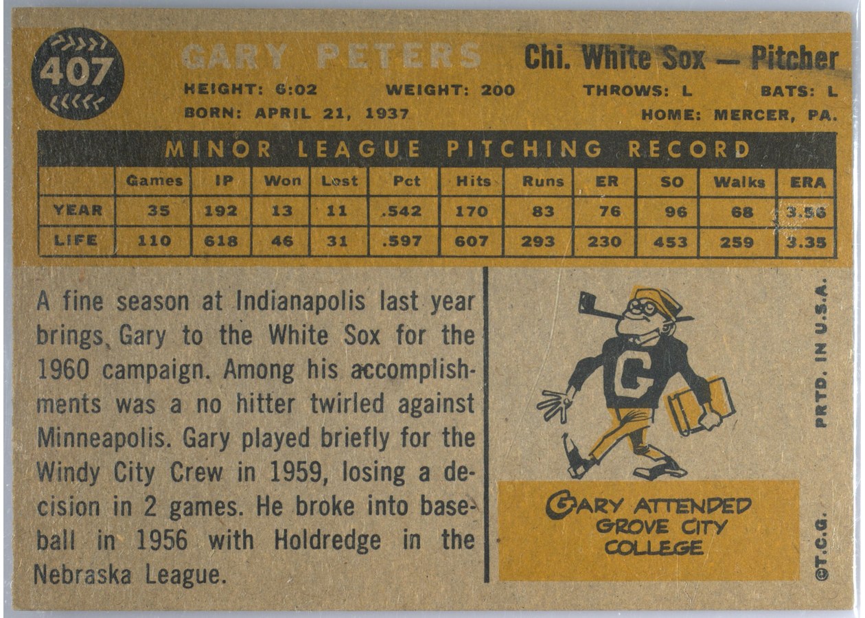 1960 Topps #407 Gary Peters card back