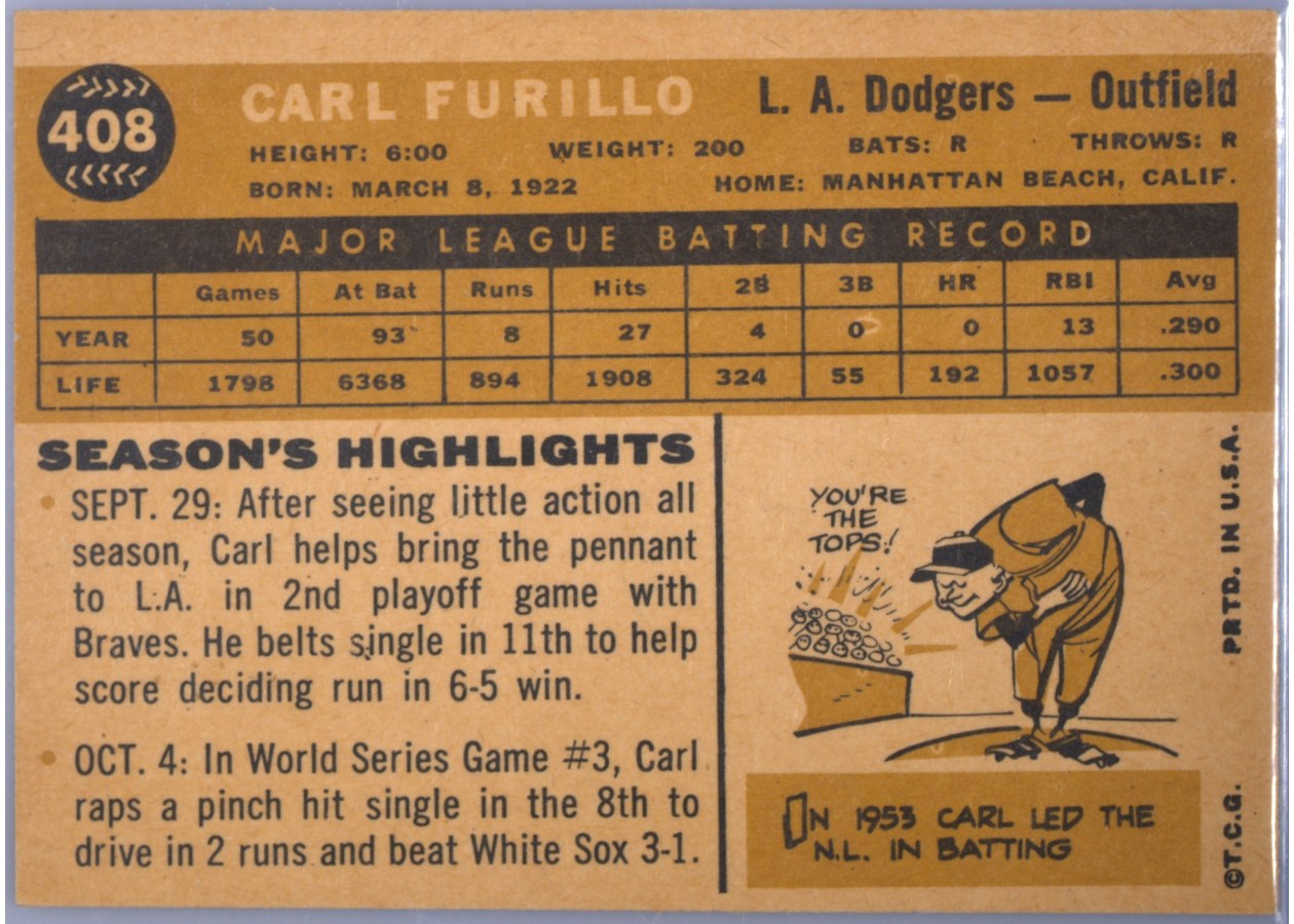 1960 Topps #408 Carl Furillo card back