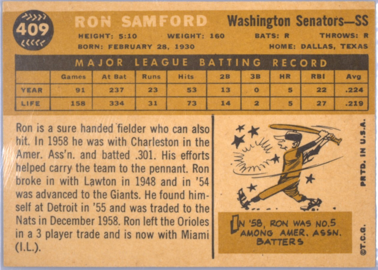 1960 Topps #409 Ron Samford card back