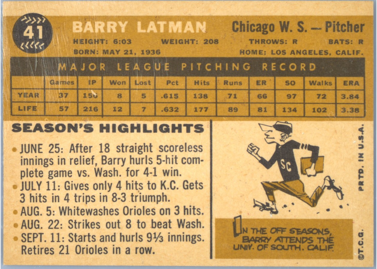 1960 Topps #41 Barry Latman card back