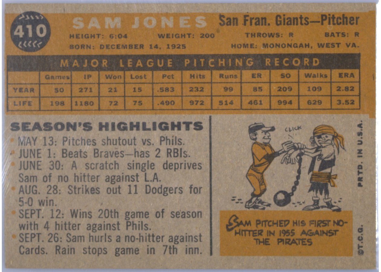 1960 Topps #410 Sam Jones card back
