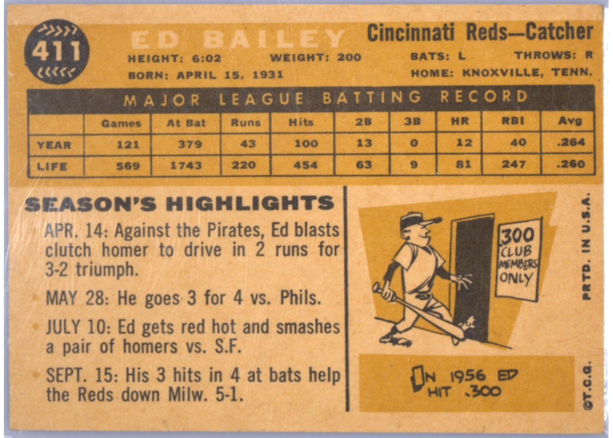 1960 Topps #411 Ed Bailey card back