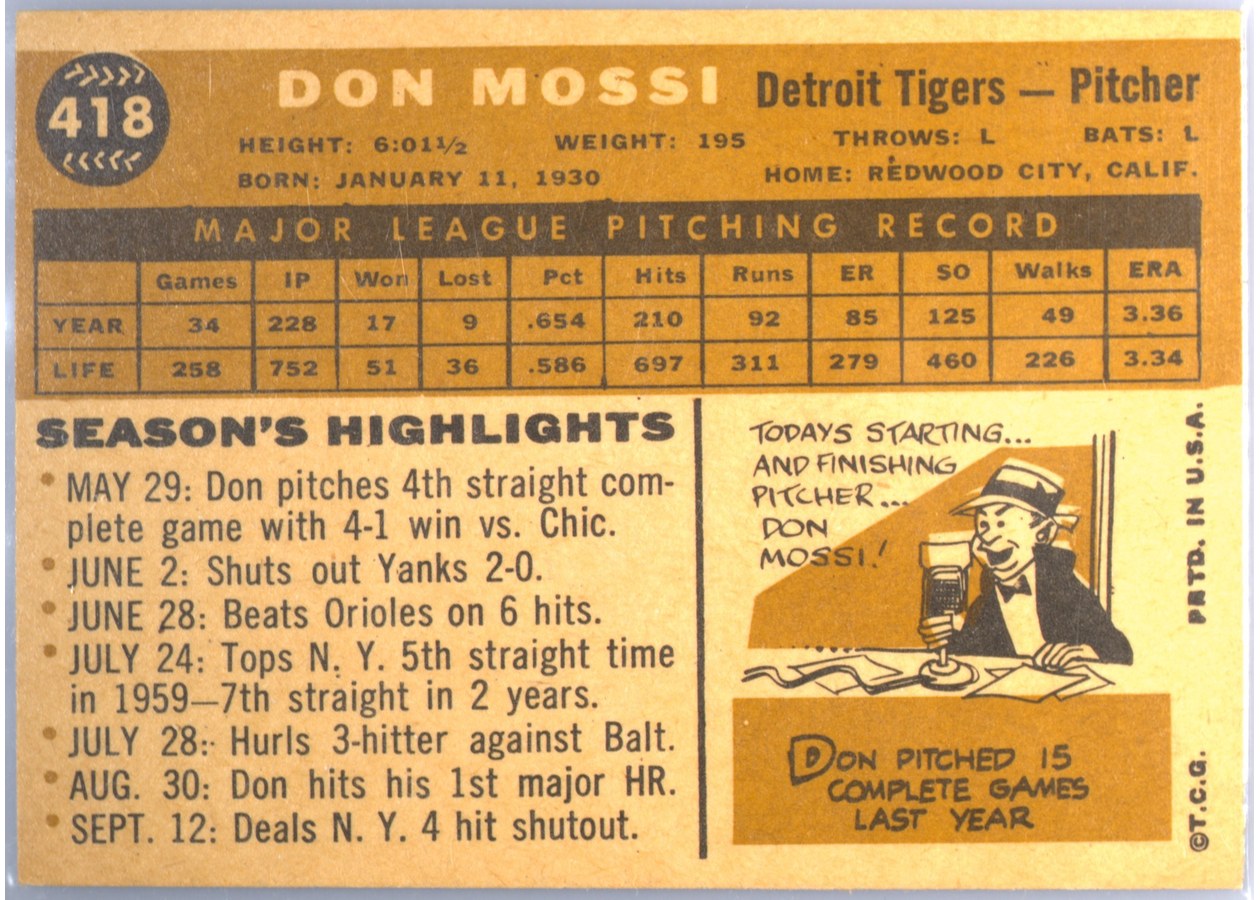 1960 Topps #418 Don Mossi card back