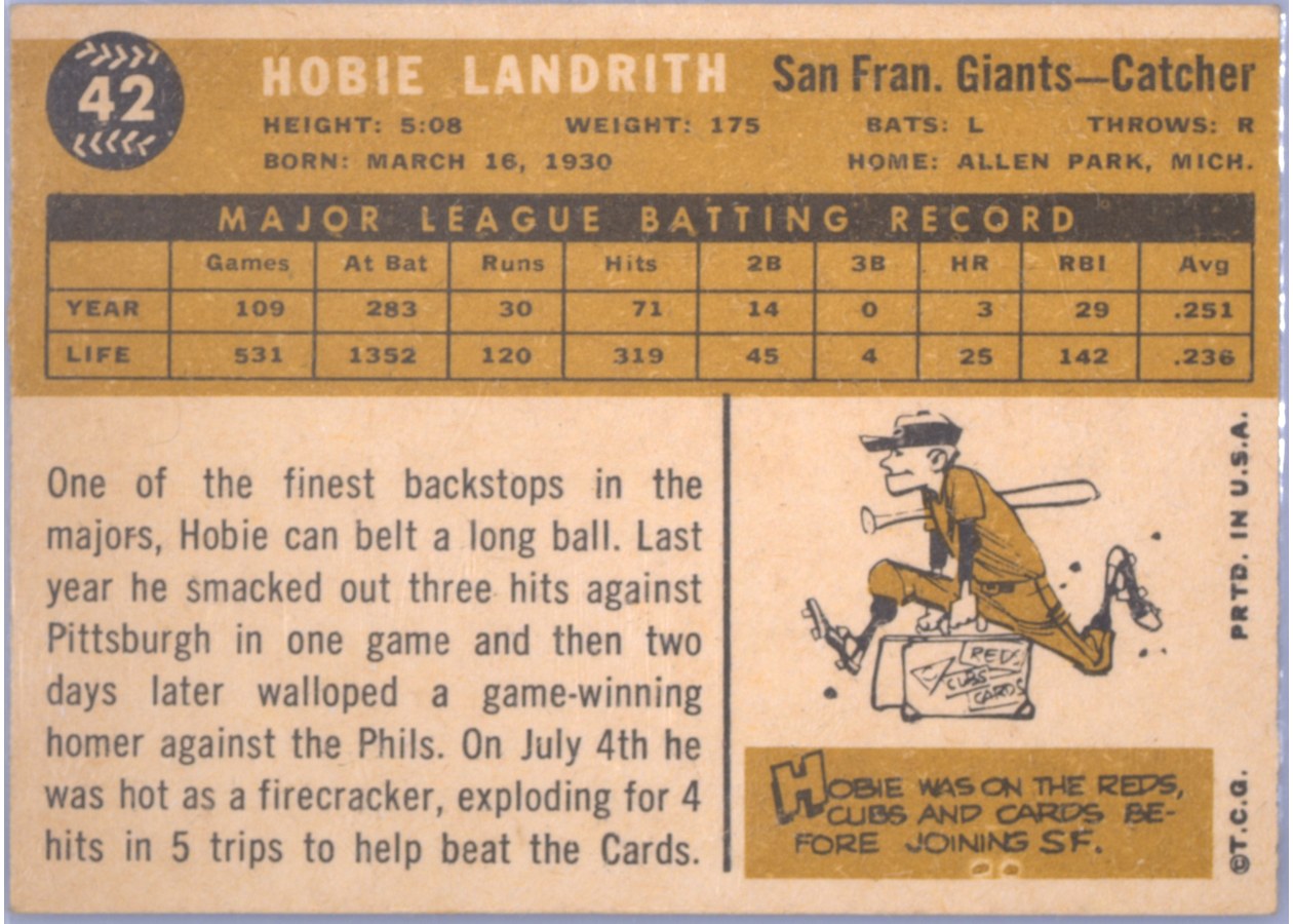 1960 Topps #42 Hobie Landrith card back