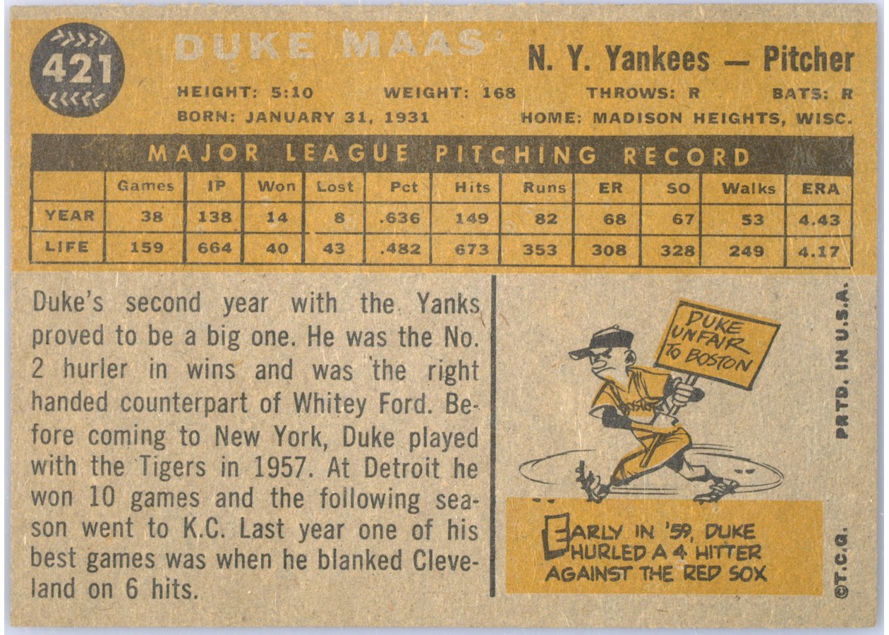 1960 Topps #421 Duke Maas card back