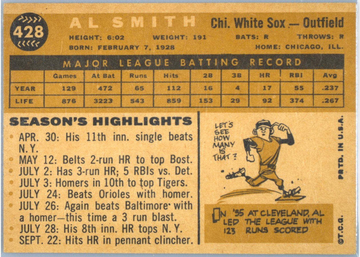 1960 Topps #428 Al Smith card back