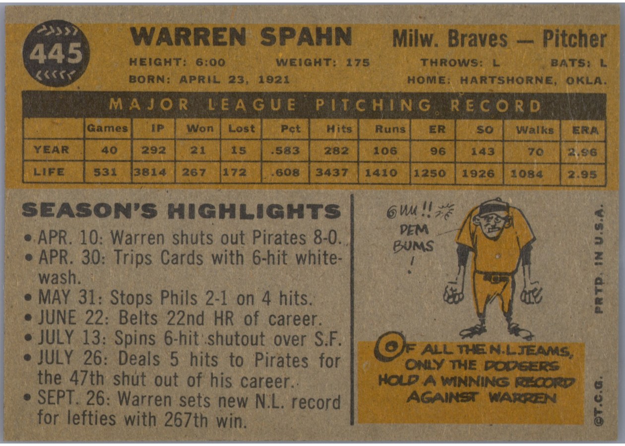 1960 Topps #445 Warren Spahn card back