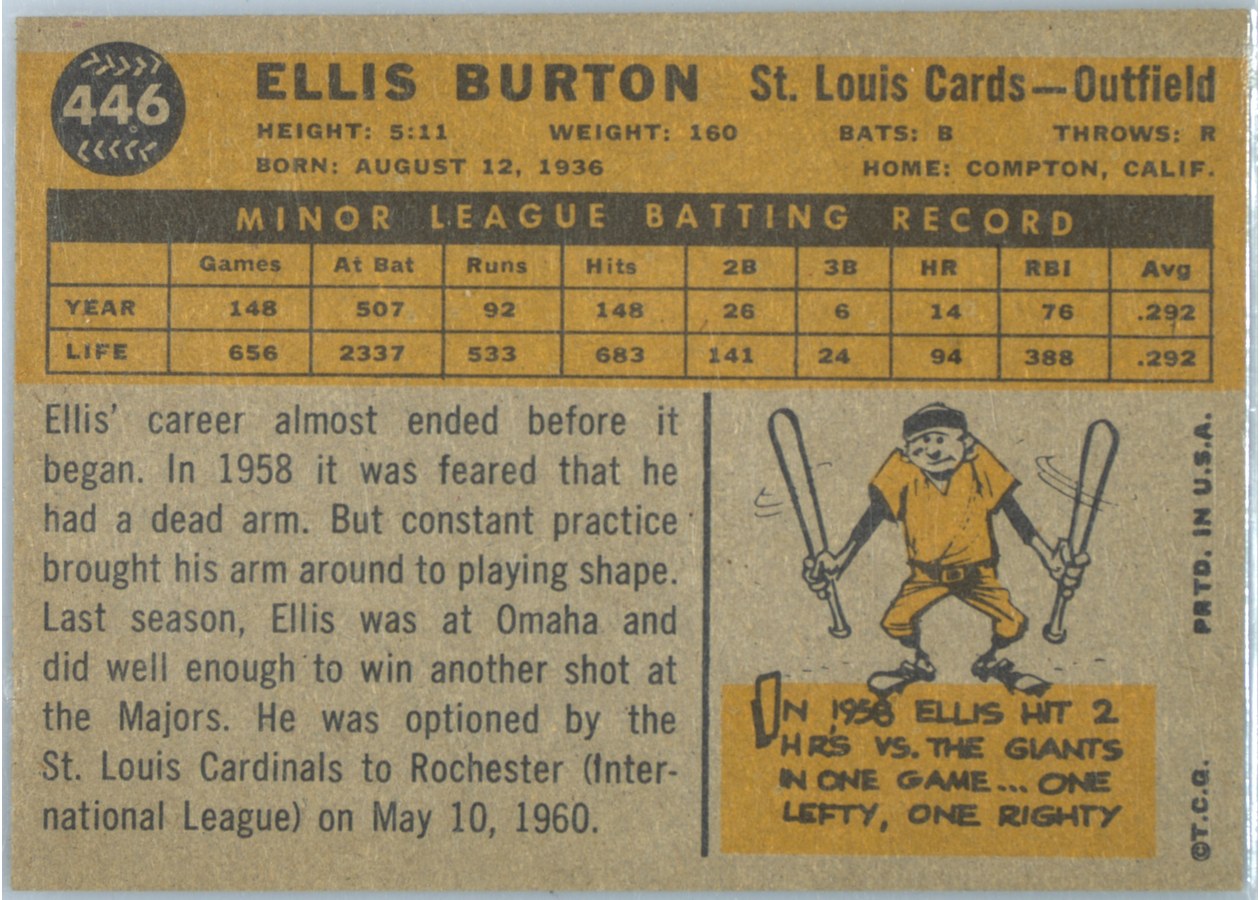 1960 Topps #446 Ellis Burton card back
