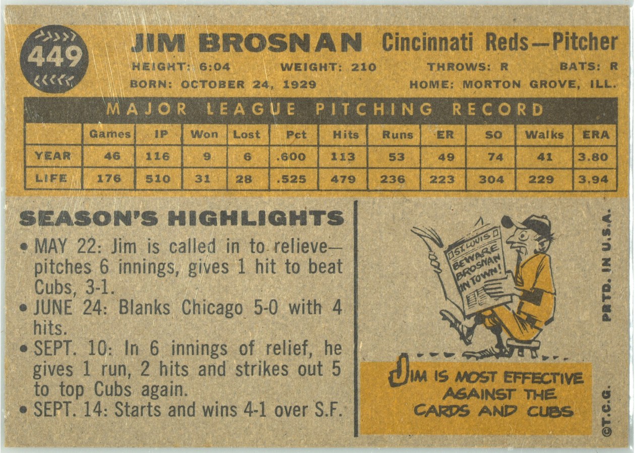1960 Topps #449 Jim Brosnan card back