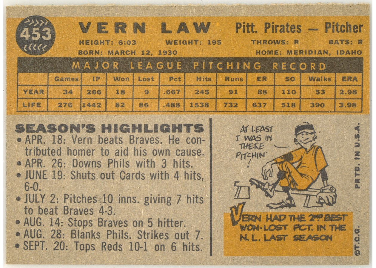 1960 Topps #453 Vern Law card back