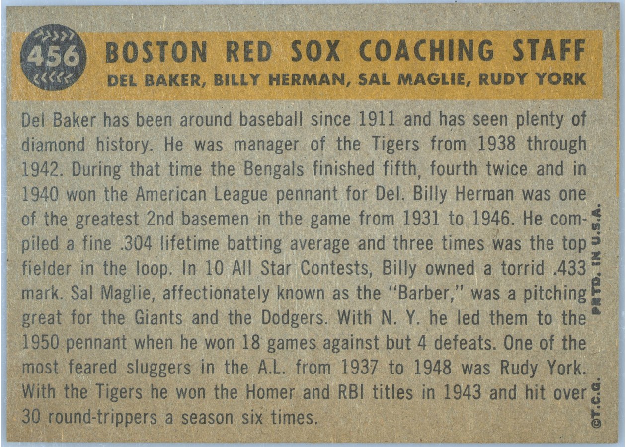 1960 Topps #456 Boston Red Sox Coaches card back