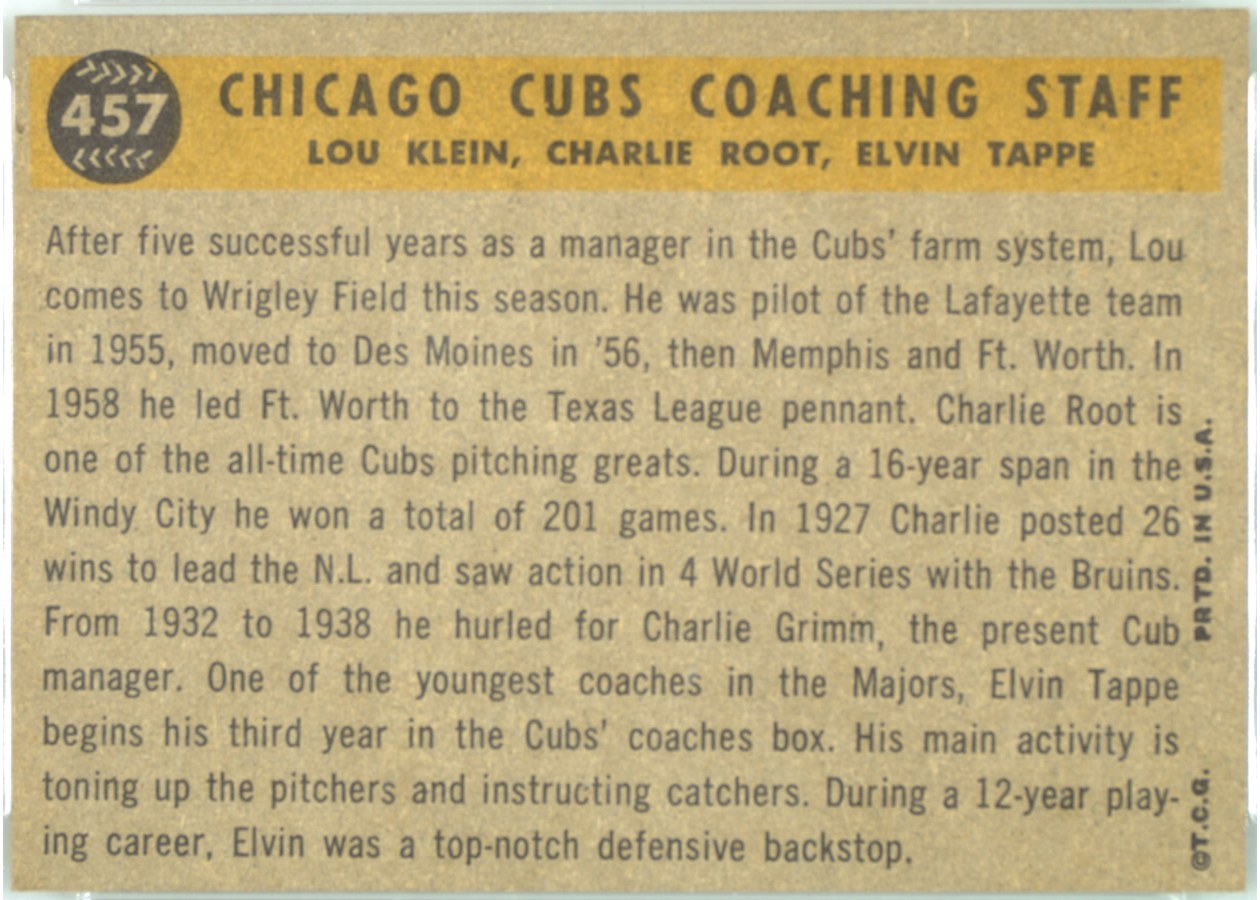 1960 Topps #457 Chicago Cubs Coaches card back