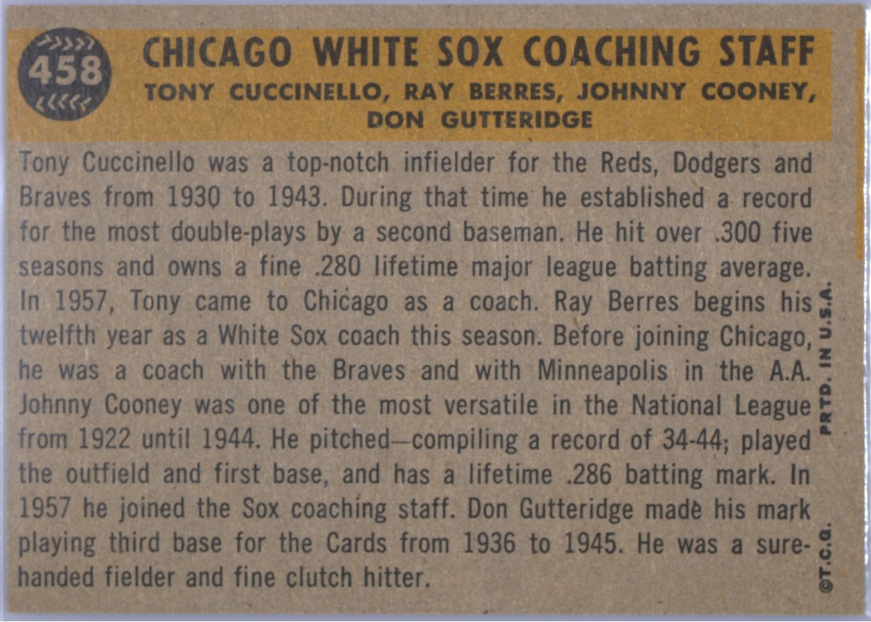 1960 Topps #458 Chicago White Sox Coaches card back