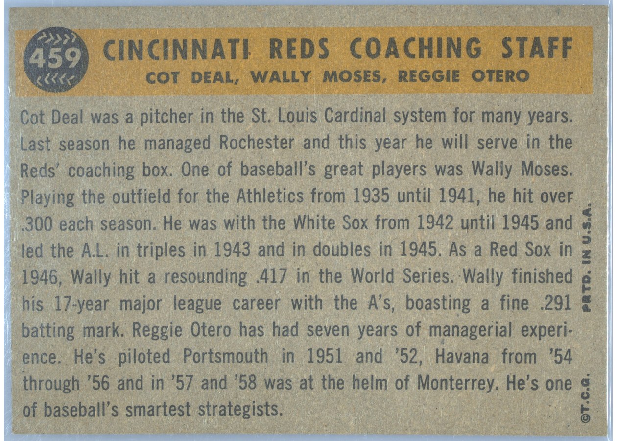 1960 Topps #459 Cincinnati Reds Coaches card back