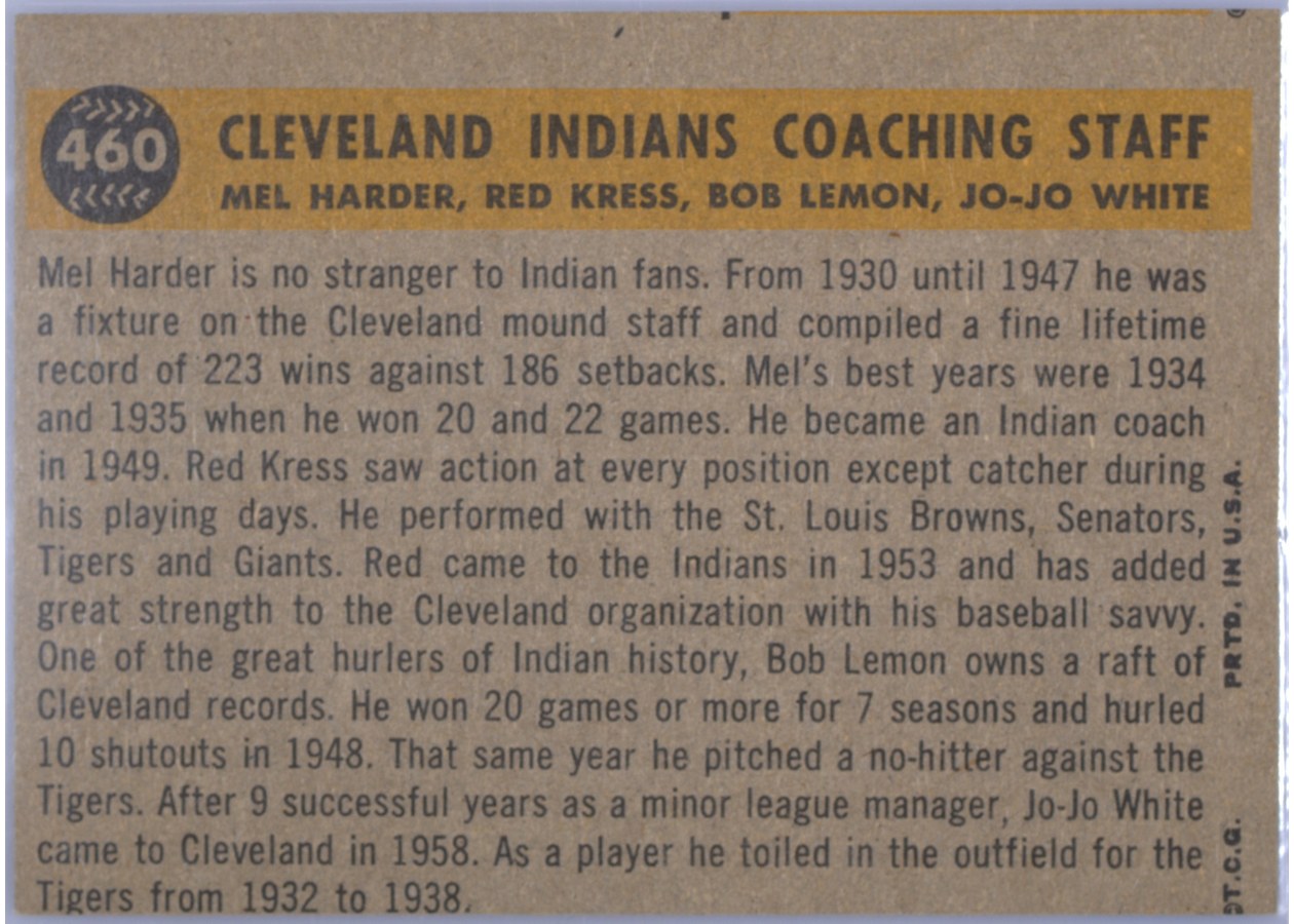 1960 Topps #460 Cleveland Indians Coaches card back