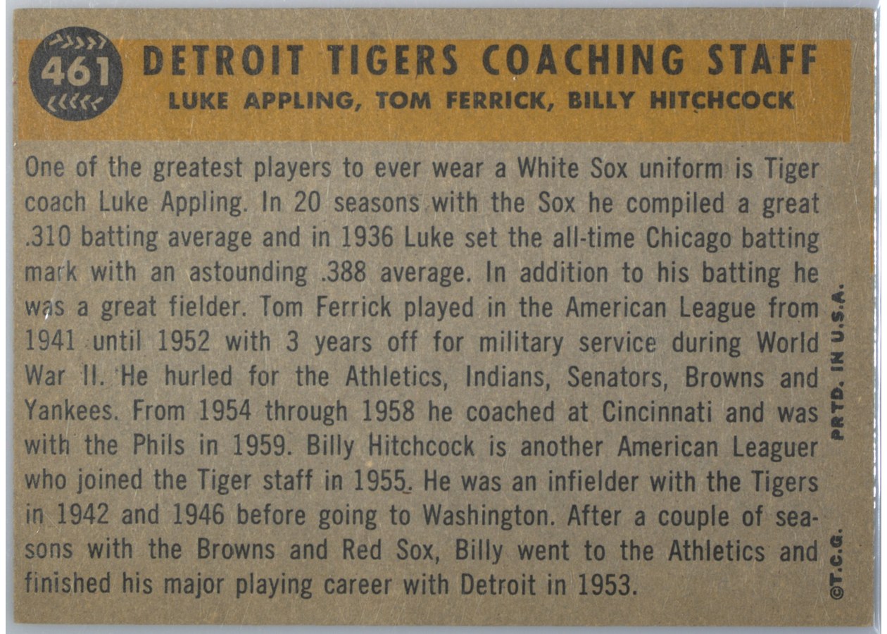 1960 Topps #461 Detroit Tigers Coaches card back
