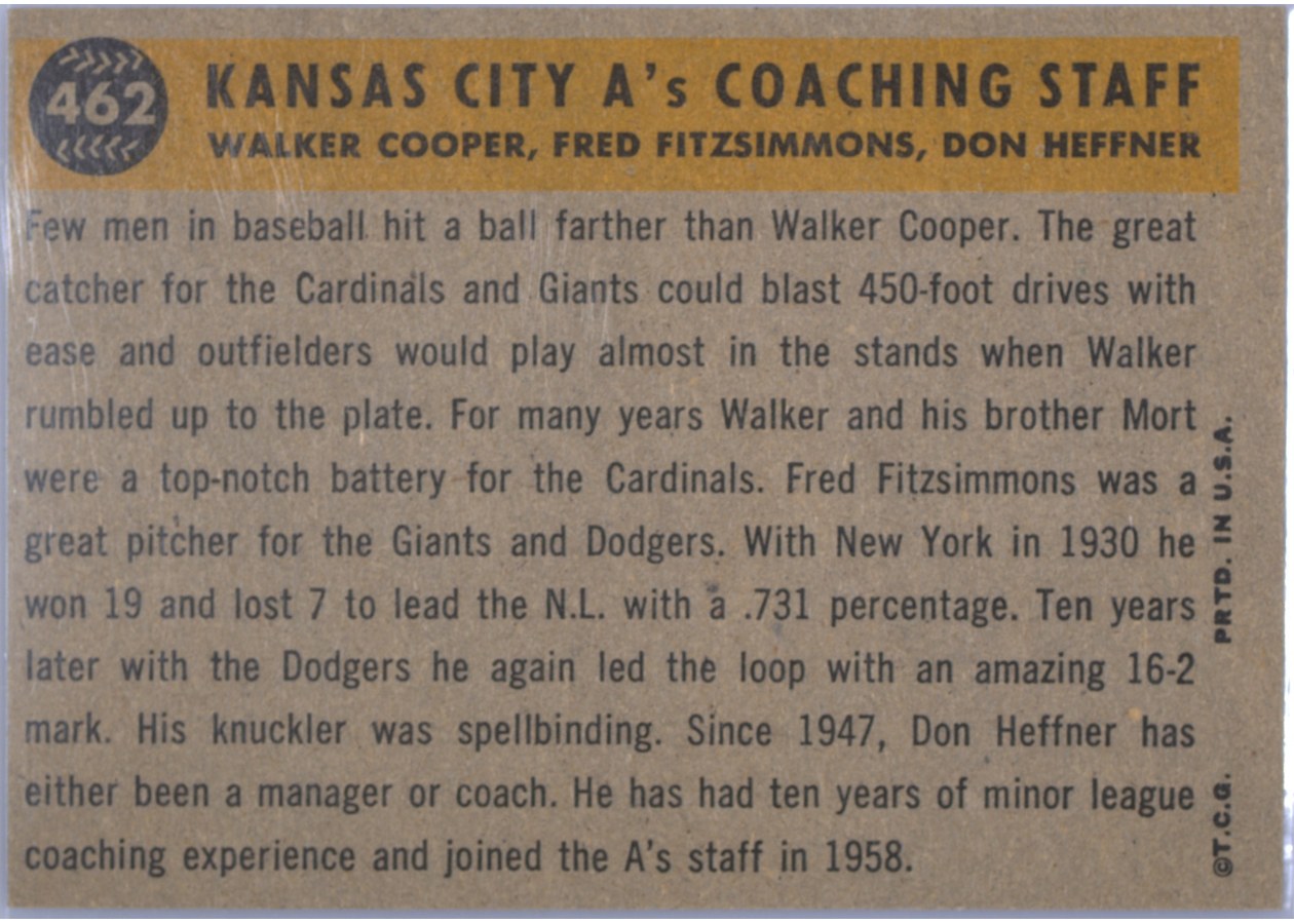 1960 Topps #462 Kansas City A's Coaches card back