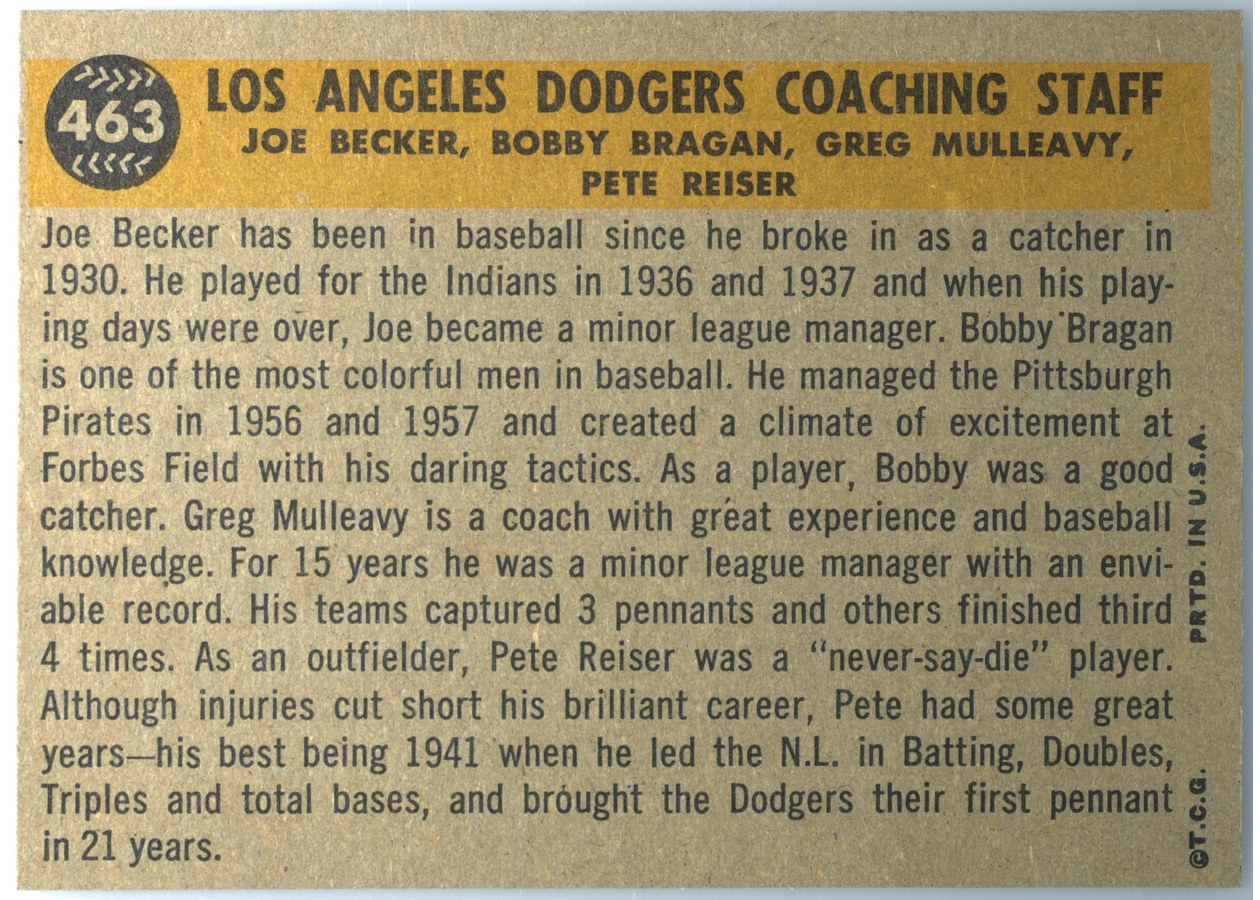 1960 Topps #463 L.A. Dodgers Coaches card back