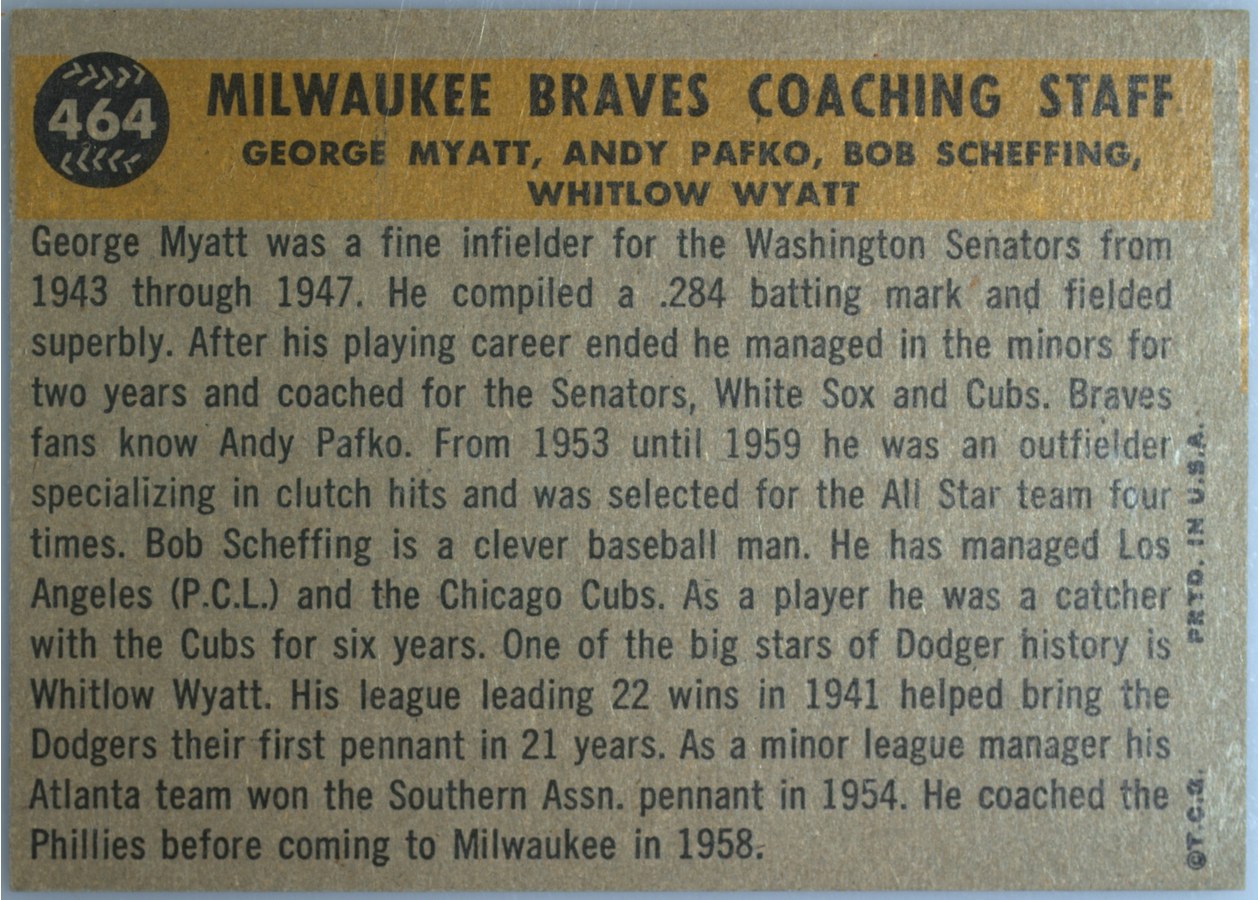 1960 Topps #464 Milwaukee Braves Coaches card back