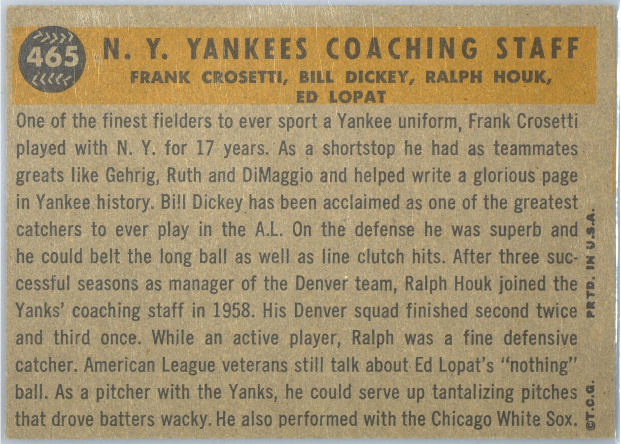 1960 Topps #465 N.Y. Yankees Coaches card back