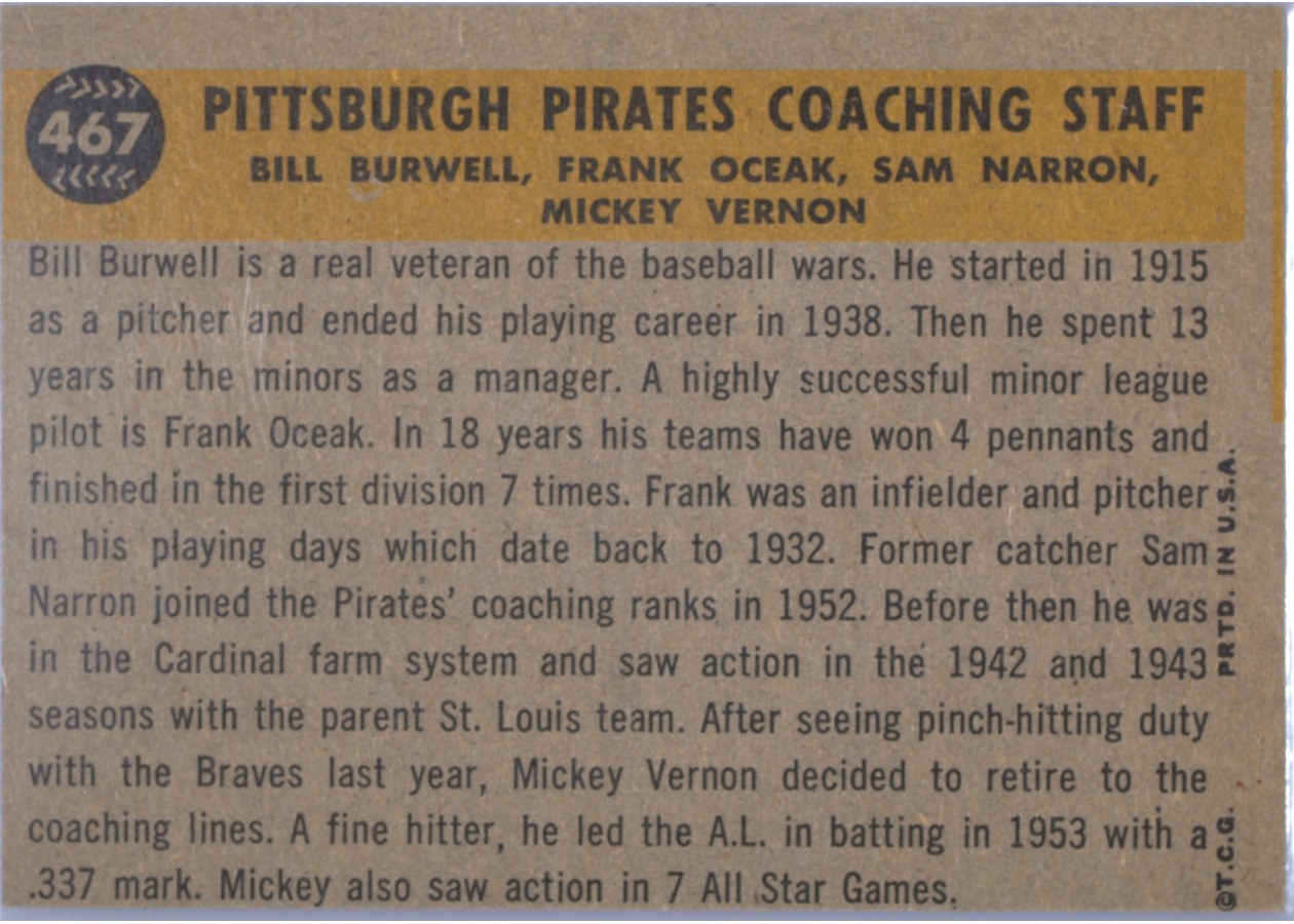 1960 Topps #467 Pitts. Pirates Coaches card back
