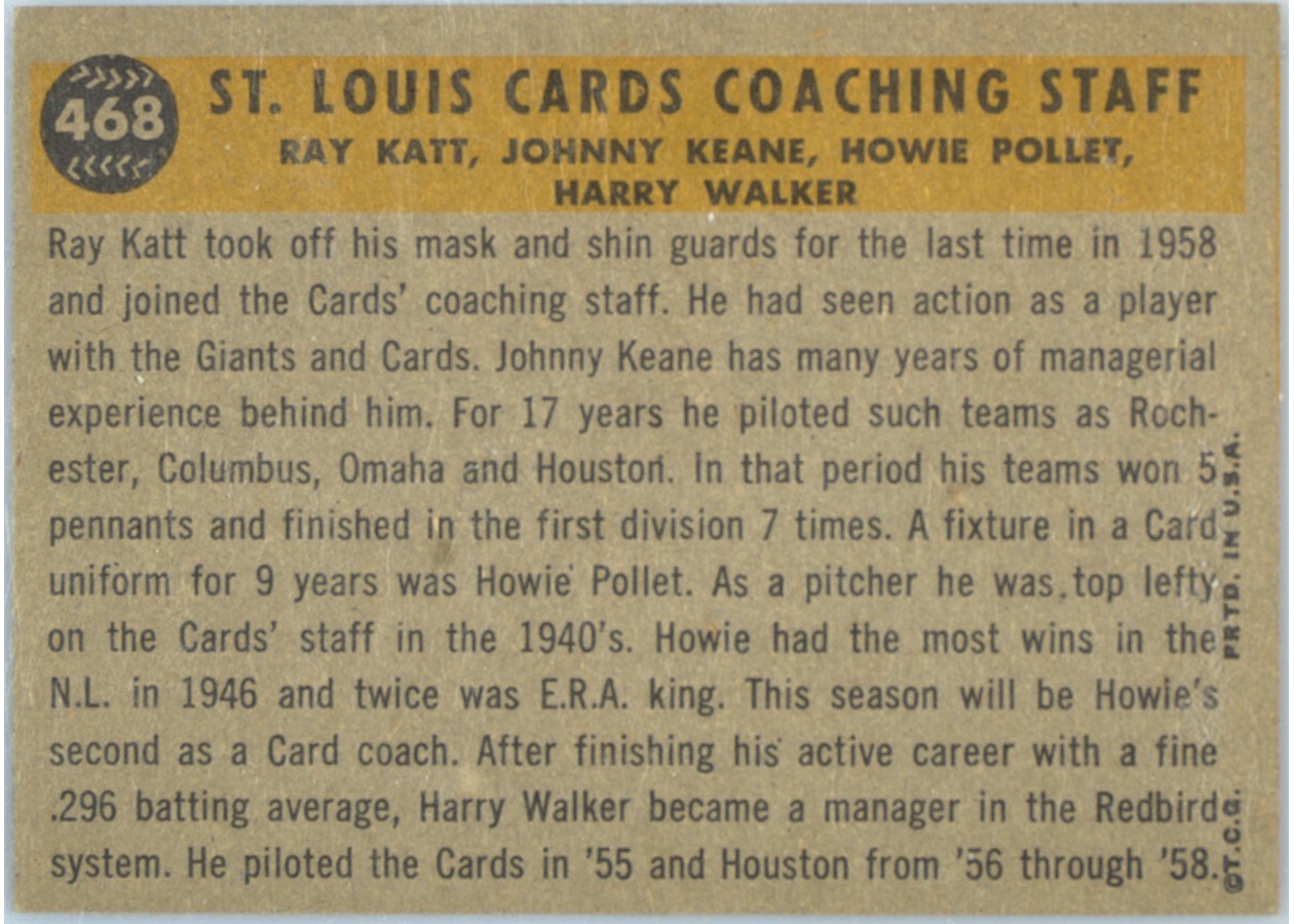 1960 Topps #468 St. Louis Cards Coaches card back