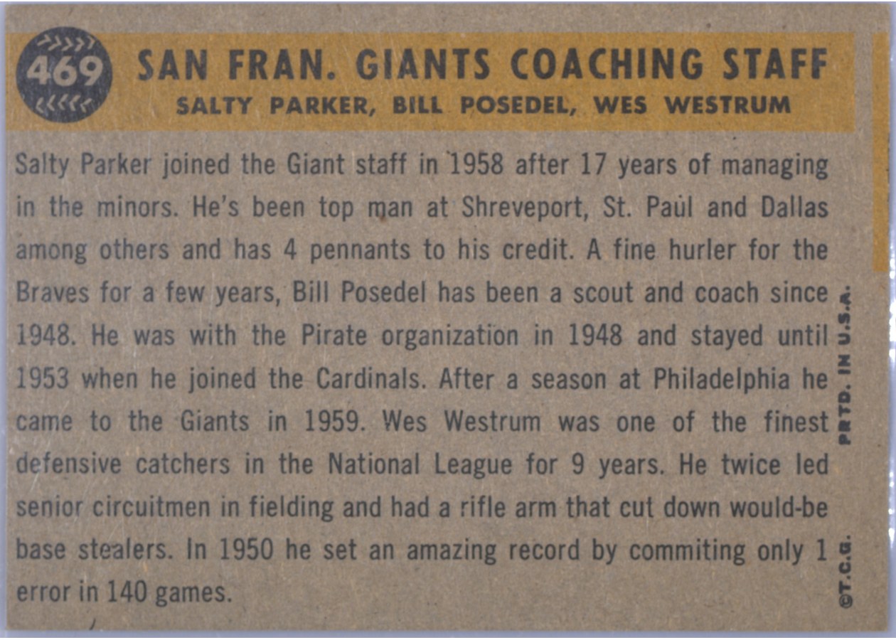 1960 Topps #469 San Fran. Giants Coaches card back