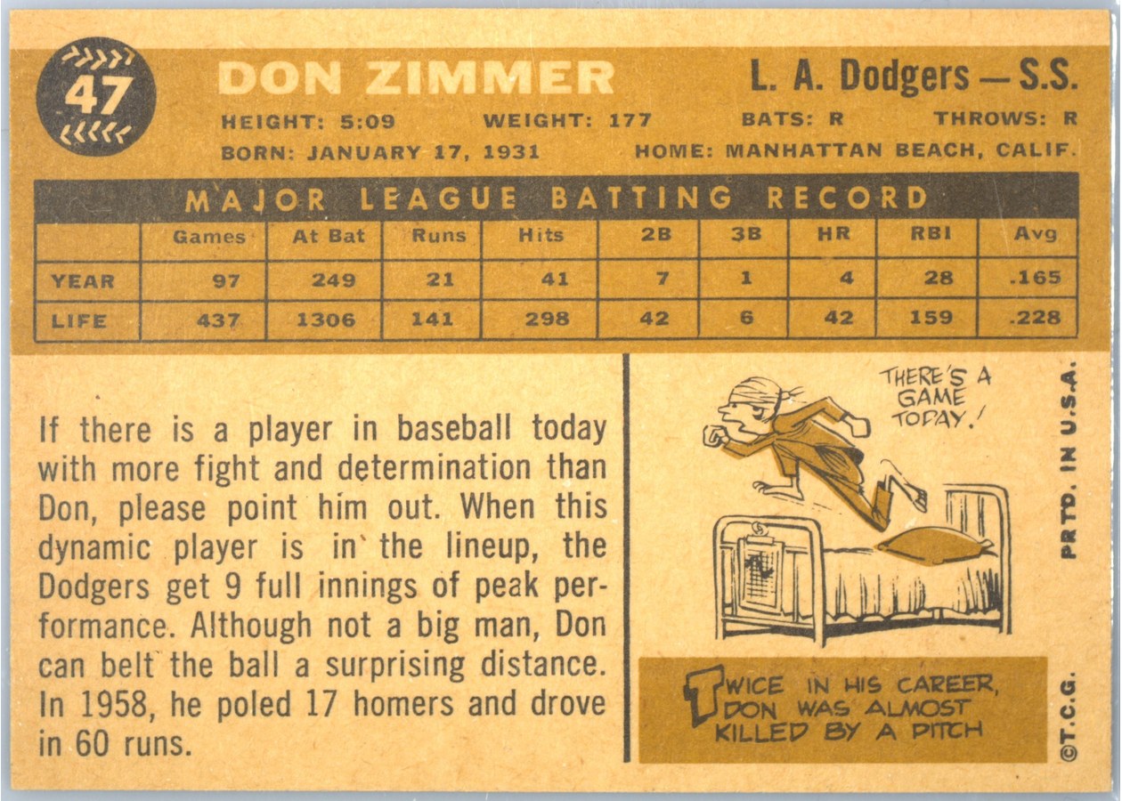 1960 Topps #47 Don Zimmer card back