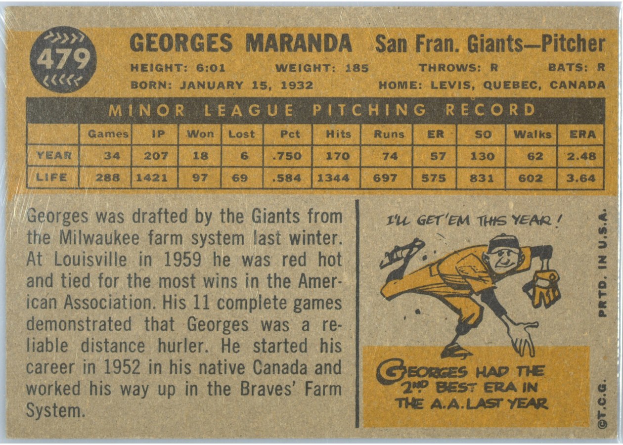 1960 Topps #479 Georges Maranda card back