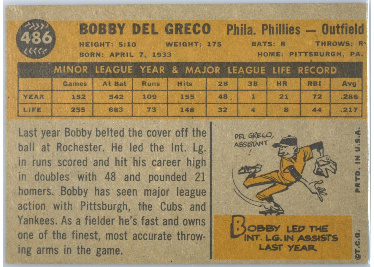 1960 Topps #486 Bobby Del Greco card back