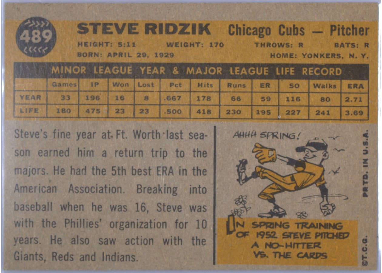 1960 Topps #489 Steve Ridzik card back