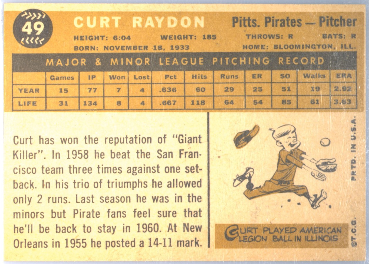 1960 Topps #49 Curt Raydon card back