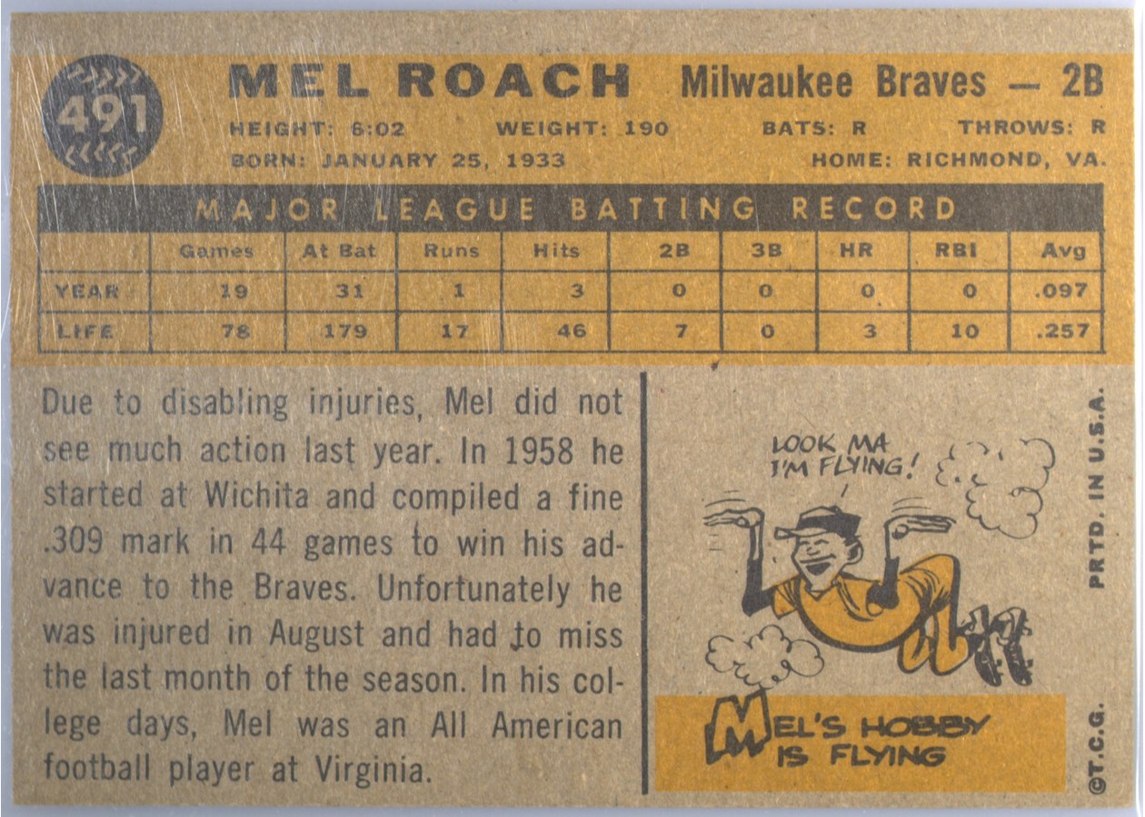 1960 Topps #491 Mel Roach card back