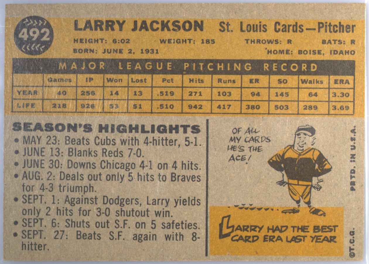1960 Topps #492 Larry Jackson card back