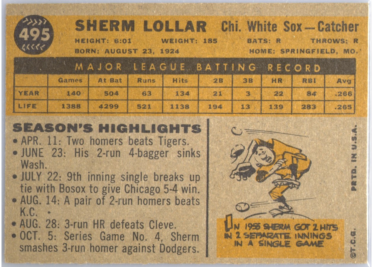 1960 Topps #495 Sherm Lollar card back