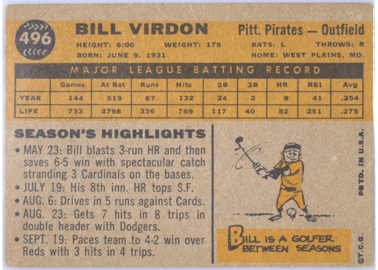 1960 Topps #496 Bill Virdon card back