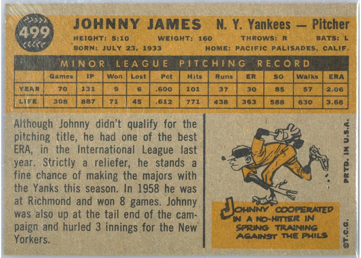 1960 Topps #499 Johnny James card back