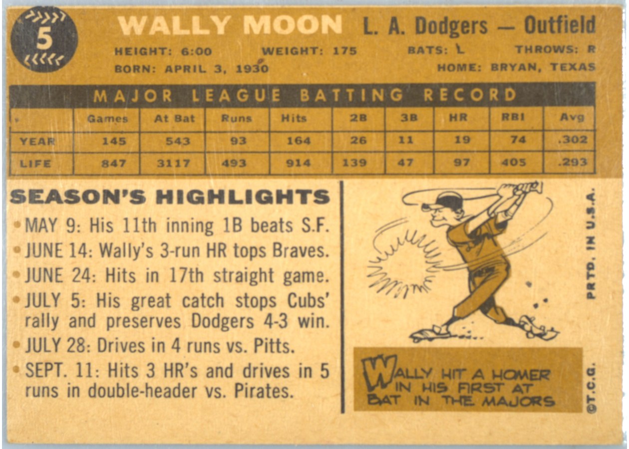 1960 Topps #5 Wally Moon card back