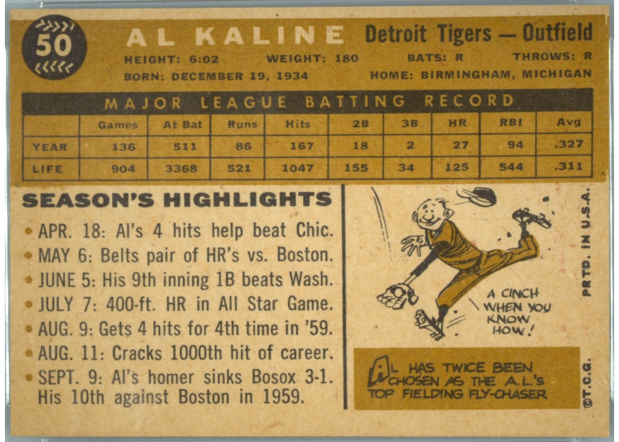 1960 Topps #50 Al Kaline card back