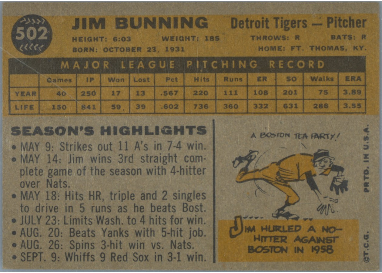 1960 Topps #502 Jim Bunning card back