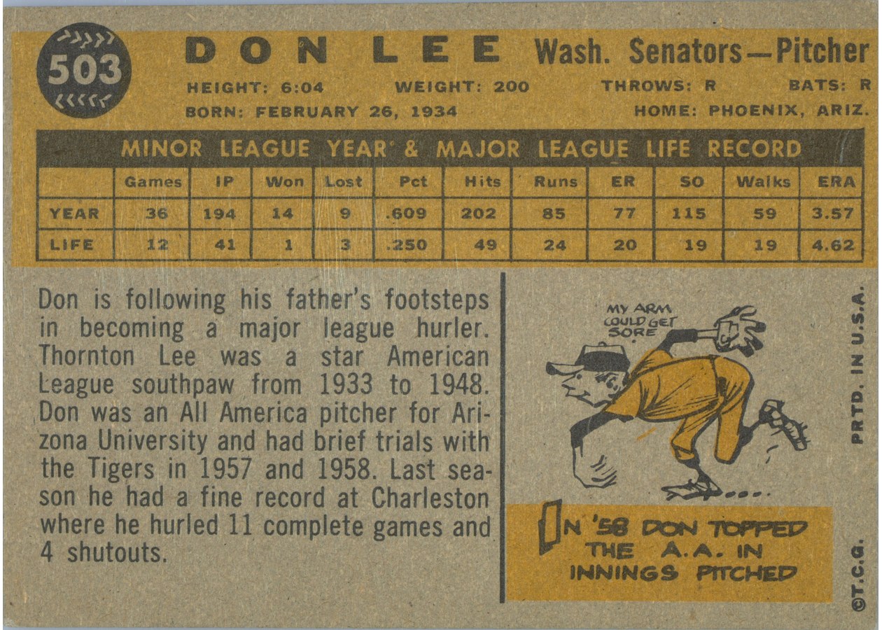 1960 Topps #503 Don Lee card back