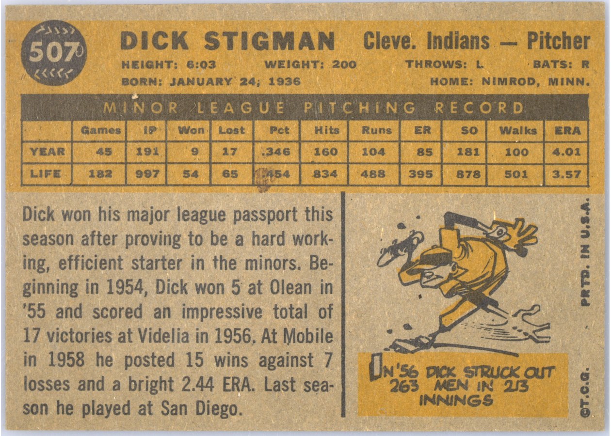 1960 Topps #507 Dick Stigman card back