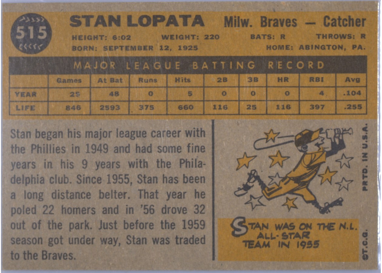 1960 Topps #515 Stan Lopata card back